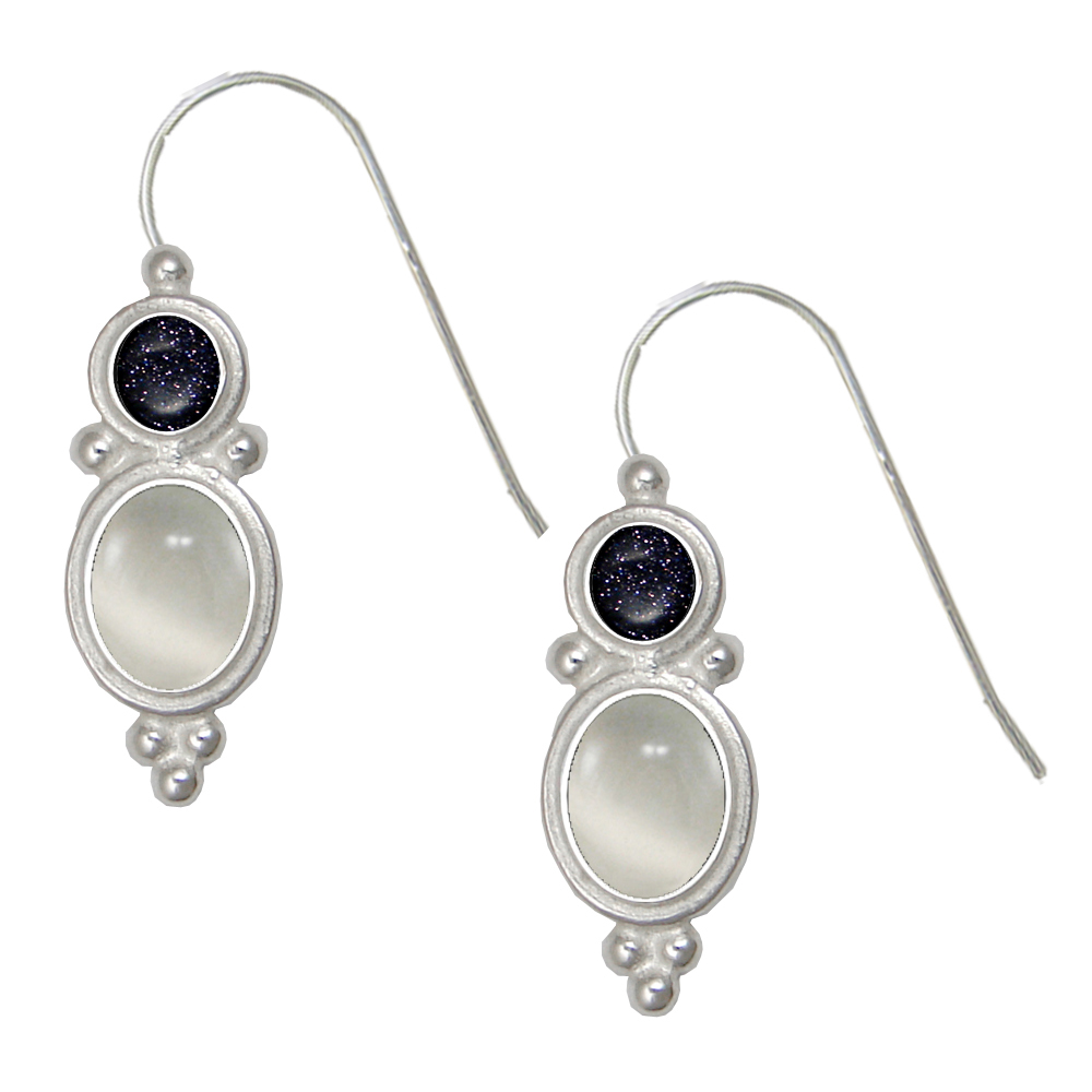 Sterling Silver Drop Dangle Earrings With White Moonstone And Blue Goldstone